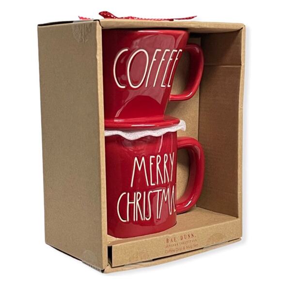 NEW Rae Dunn MERRY CHRISTMAS MUG Coffee Press Pour Over Drip Red Gift Set in Box - Picture 4 of 6